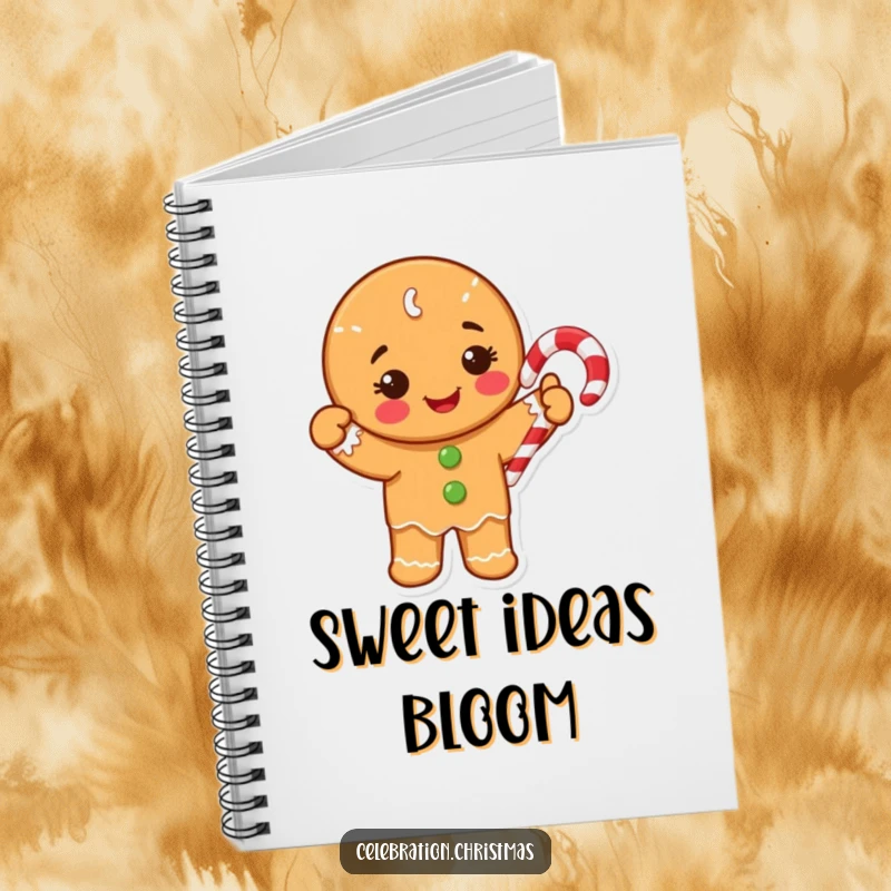 Funny Notebook featuring a happy gingerbread cookie character waving a candy cane, great for journaling holiday recipes or thoughts.