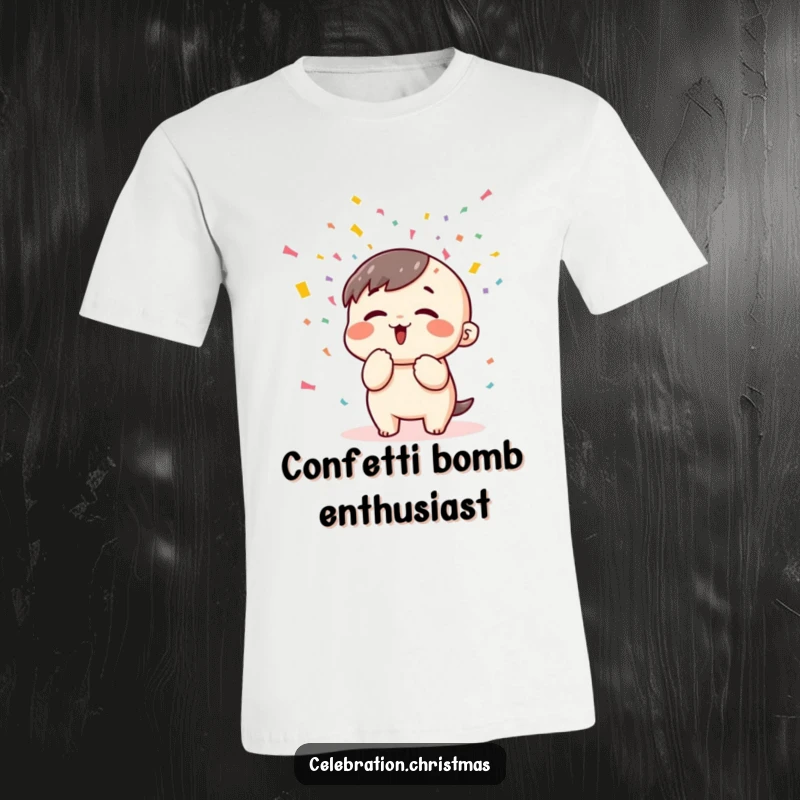 Funny kawaii character joyfully blowing a vibrant explosion of colorful confetti, printed on a fun and funny t-shirt.