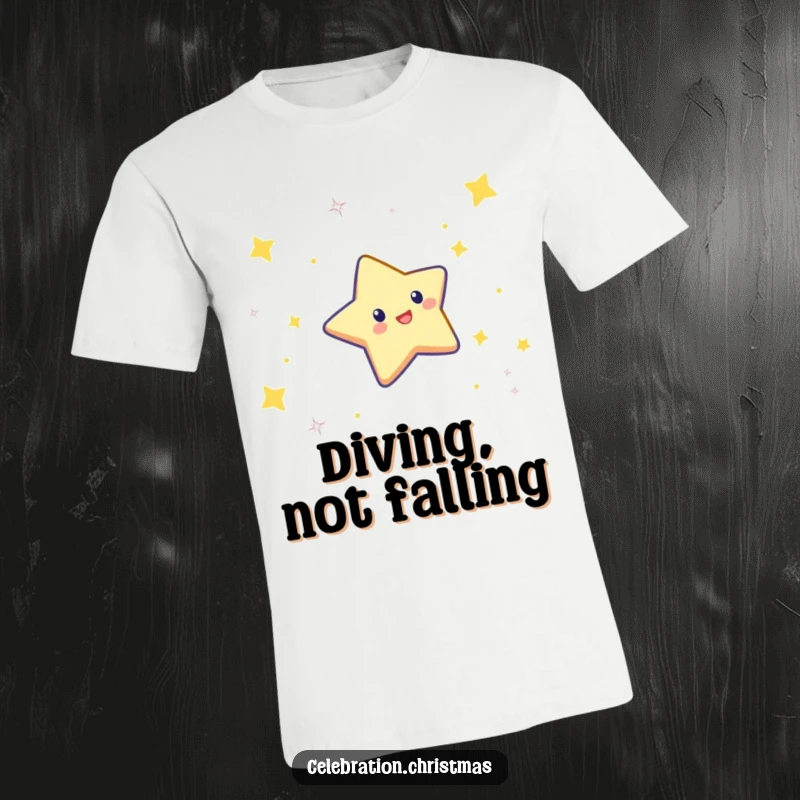 Funny t-shirt depicting a twinkling star character in a dynamic, celebratory dive through the air, radiating happiness.