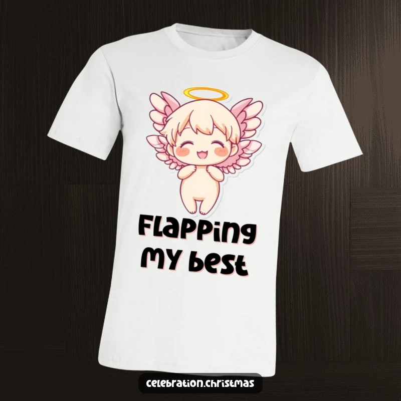 Funny Angel T-Shirt depicting a character with wings flapping joyfully, conveying a sense of lighthearted bliss.