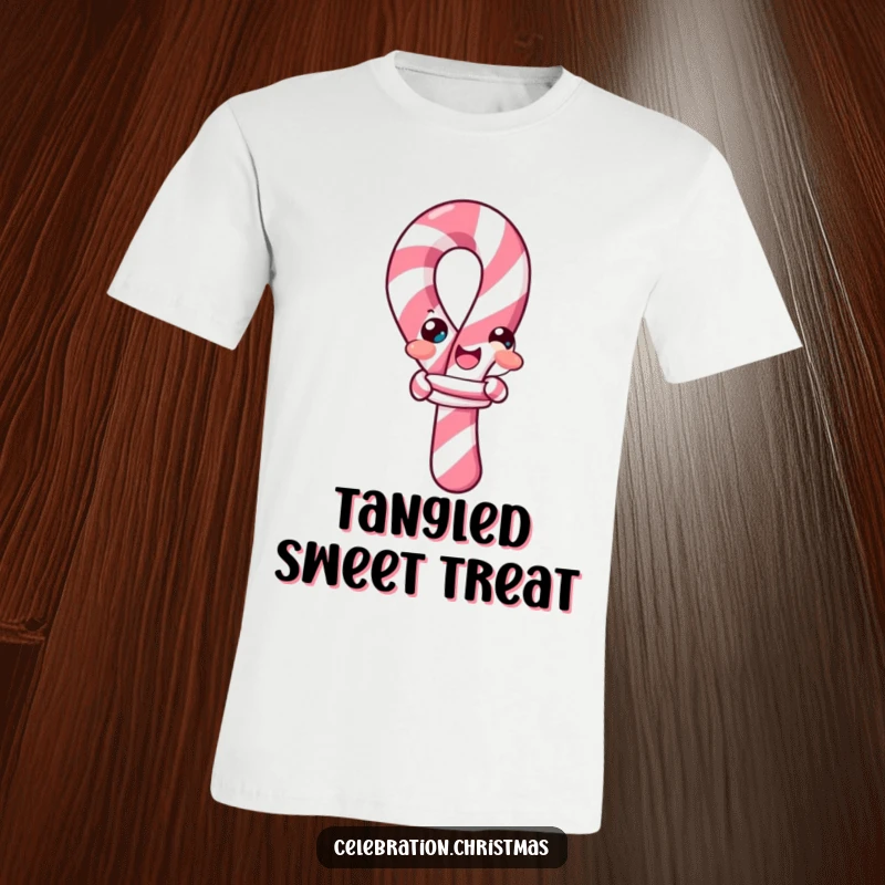 Funny candy cane t-shirt, depicting a cheerful candy cane comically attempting to tie itself into a pretzel-like knot.