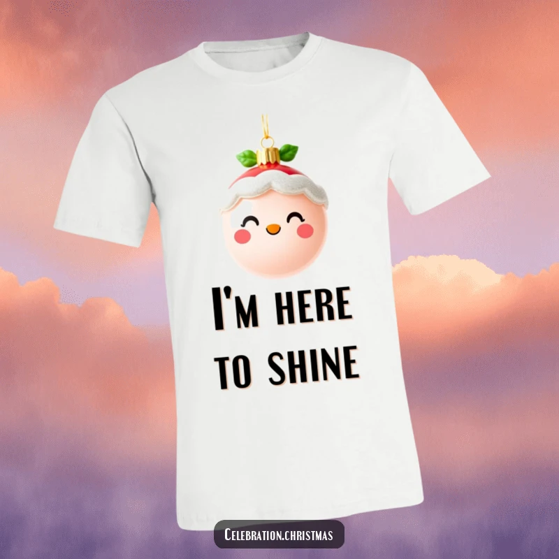 Funny cute Christmas ornament t-shirt with a cheerful, sparkling face, perfect for holiday parties and as a funny gift.