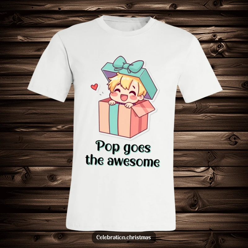 Funny graphic t-shirt showing a cheerful gift box character bursting open, sharing a fun and exciting surprise, perfect for expressing joy.