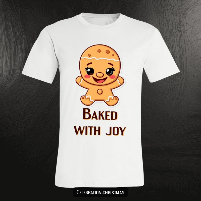 Funny t-shirt with a gingerbread man character sporting a wide, happy cookie grin, ready to spread holiday cheer.