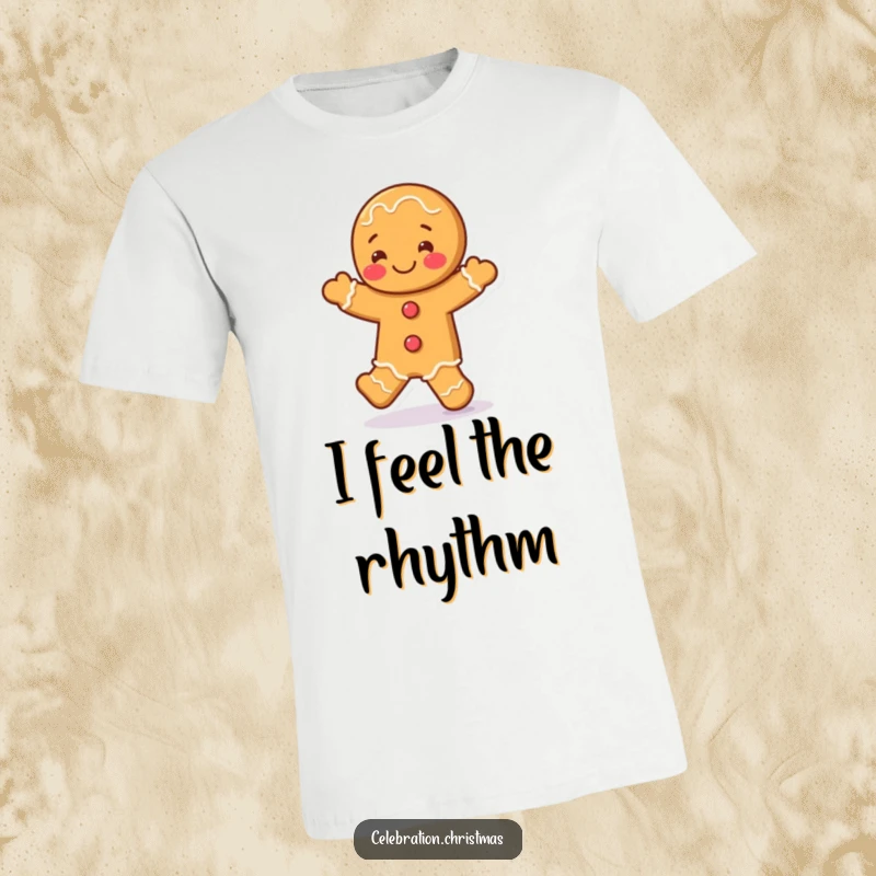 Funny gingerbread man t-shirt showcasing a character in a jubilant, energetic jig, perfect for spreading holiday cheer and laughter.