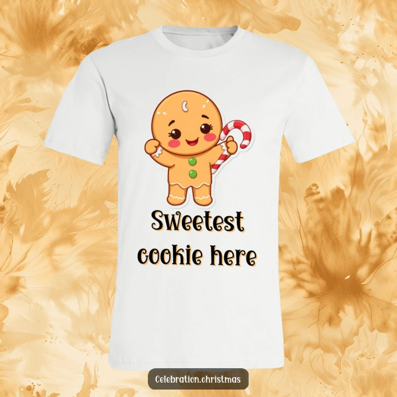 Funny T-Shirt with a happy gingerbread cookie character enthusiastically waving a candy cane, perfect for festive occasions.