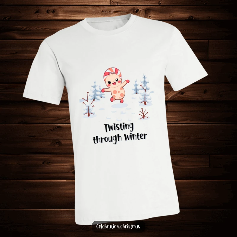 Funny kawaii candy cane t-shirt featuring a character cartwheeling through snow, perfect for expressing holiday cheer.
