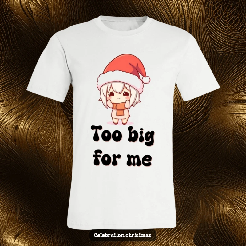 Funny Kawaii Character T-Shirt: A cute character comically tries on an enormous festive hat, radiating pure holiday joy.