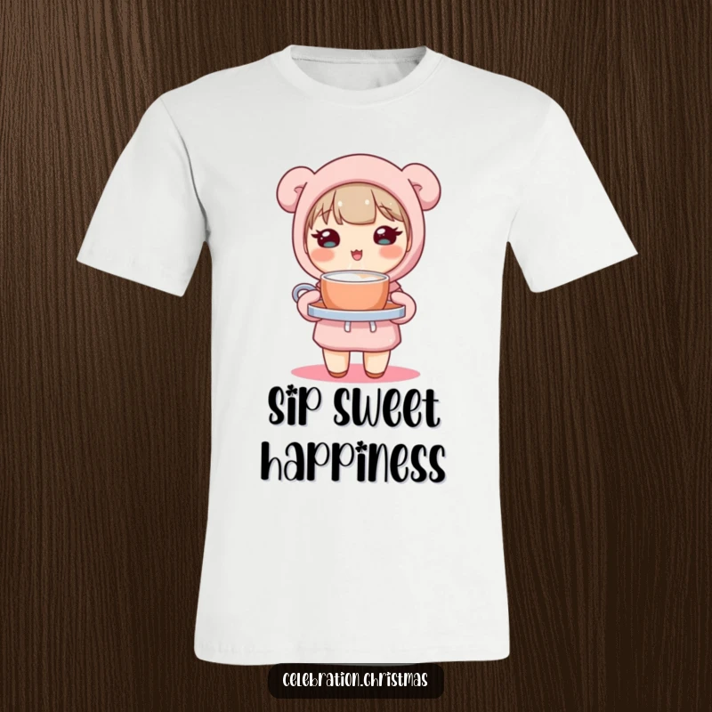 Funny t-shirt graphic of a cute kawaii character holding a tray of steaming hot cocoa with a welcoming smile.