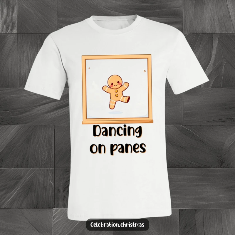Funny, joyful kawaii gingerbread person playfully dancing on a frosted window pane on a t-shirt.