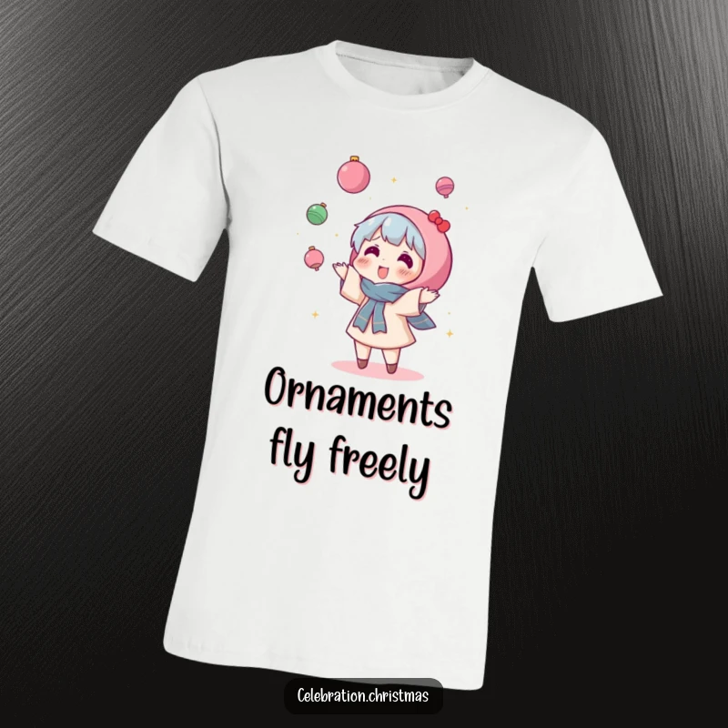 Funny Kawaii Character T-Shirt: A cute character gleefully tosses shiny ornaments into the air with infectious, wild holiday abandon.