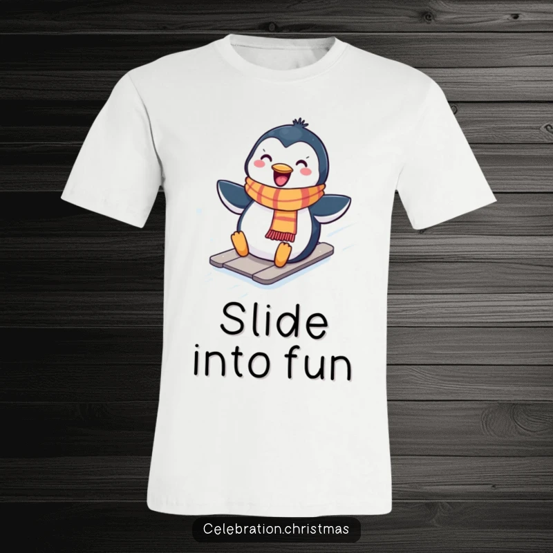 Funny Kawaii penguin t-shirt featuring a cute penguin in a scarf sliding down a snowy hill with a happy whoop.