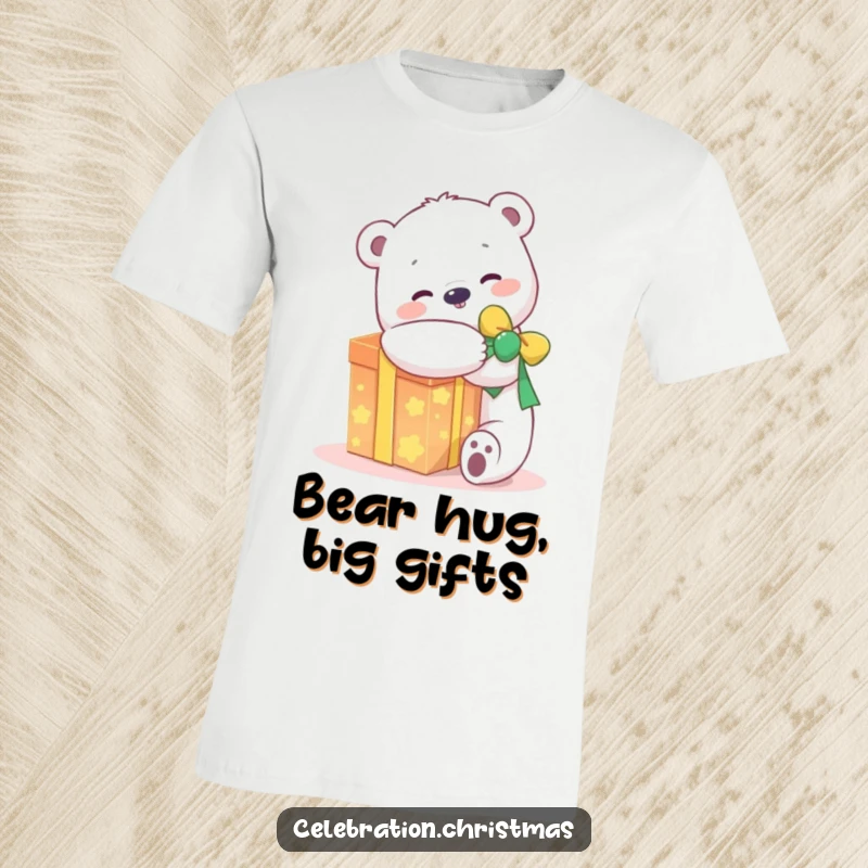 Funny kawaii polar bear t-shirt showing a joyful character hugging a glowing present, perfect for expressing happiness.