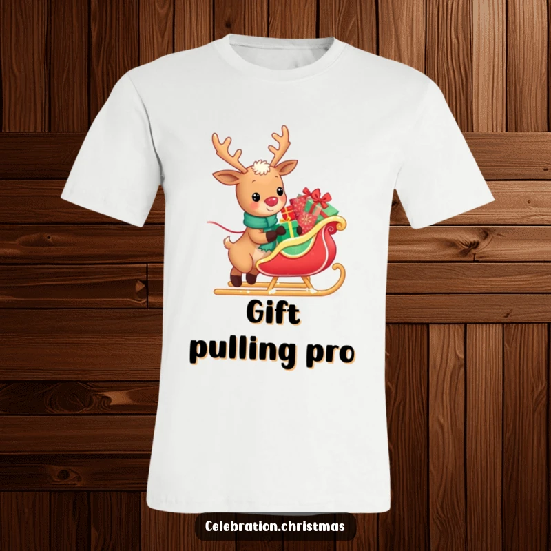 Funny t-shirt featuring a kawaii reindeer happily pulling a sleigh packed with glistening presents, showcasing holiday excitement and generosity.