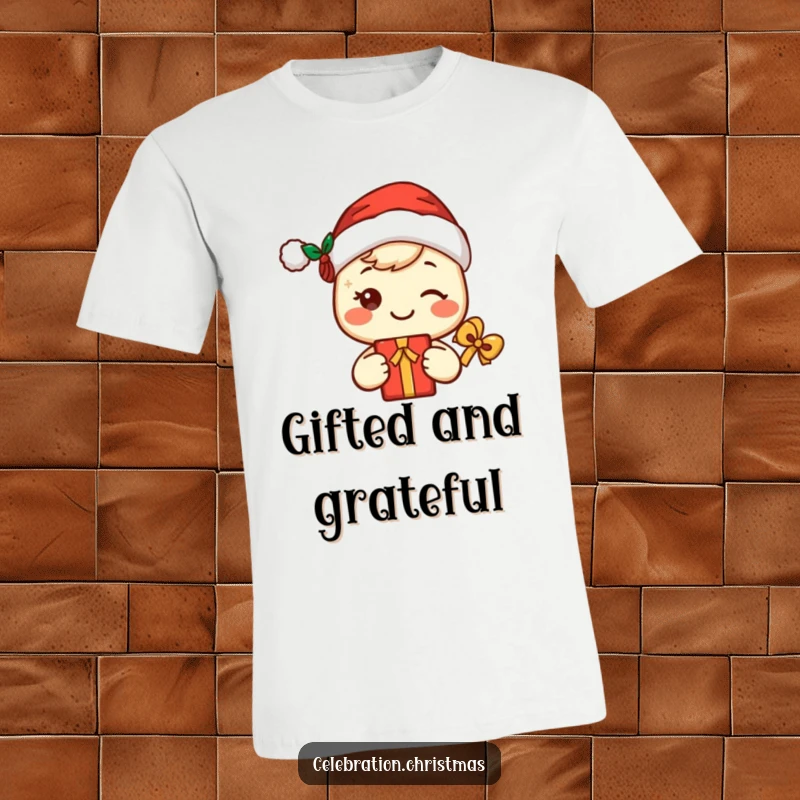 Funny kawaii Santa t-shirt showing a cute, smiling character wearing a Santa hat and holding a gift, perfect for holiday cheer.