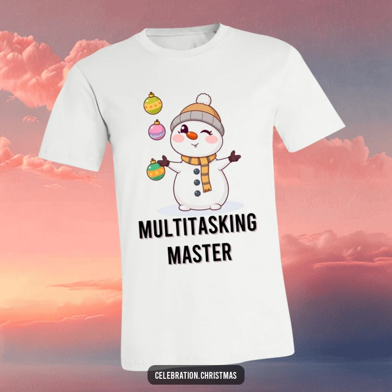 Funny kawaii snowman winking mischievously, juggling colorful Christmas ornaments on a t-shirt, a fun holiday shirt.