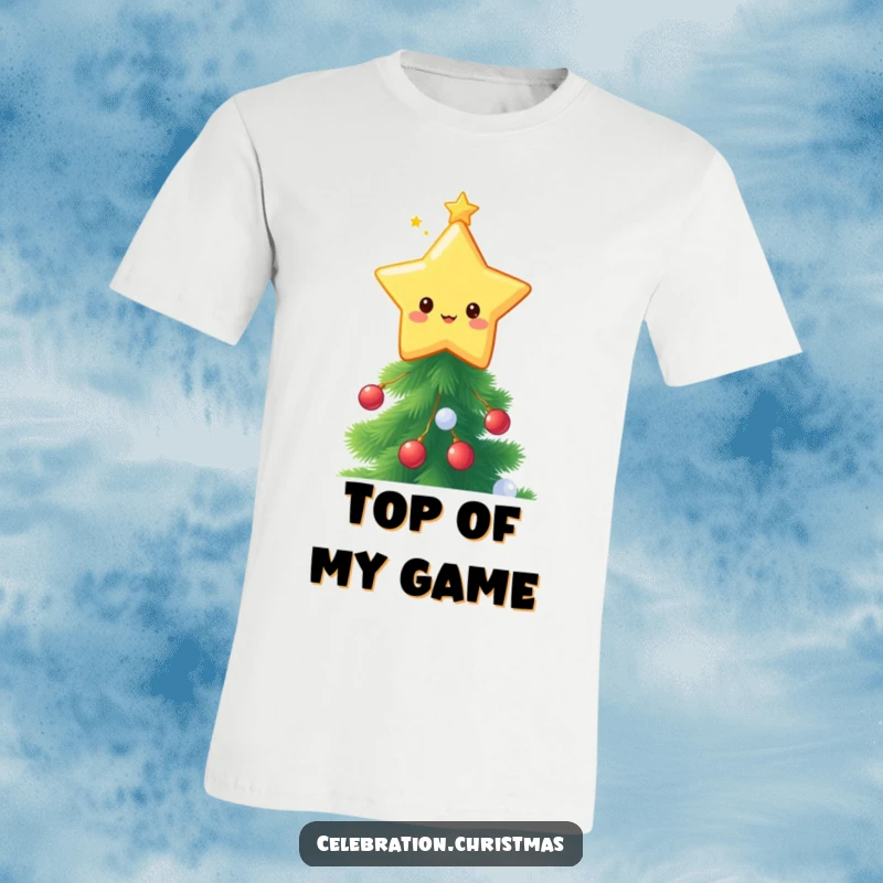 Funny kawaii star topper t-shirt, a cute star character twinkling with light on a festive, decorated Christmas tree.