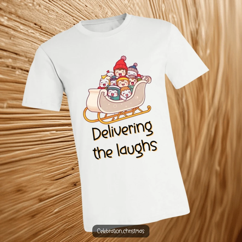 Funny graphic t-shirt showcasing a sleigh overloaded with happily laughing characters, perfect for spreading holiday cheer and festive vibes.