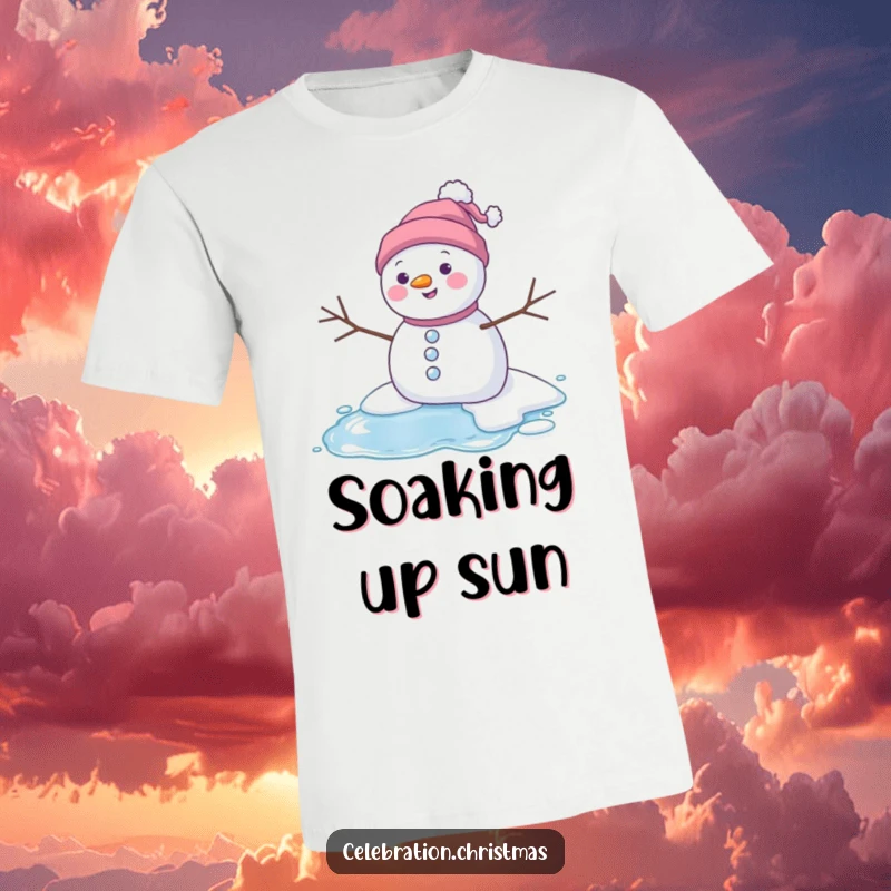 Funny melting snowman t-shirt showing a character blissfully melting into a puddle, a humorous statement on winter's fleeting nature.