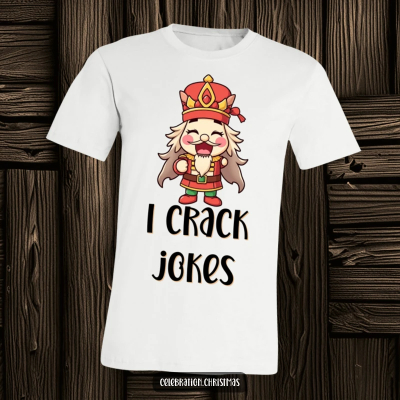 Funny happy nutcracker t-shirt striking a pose with mouth open, ideal for holidays and as a funny gift.