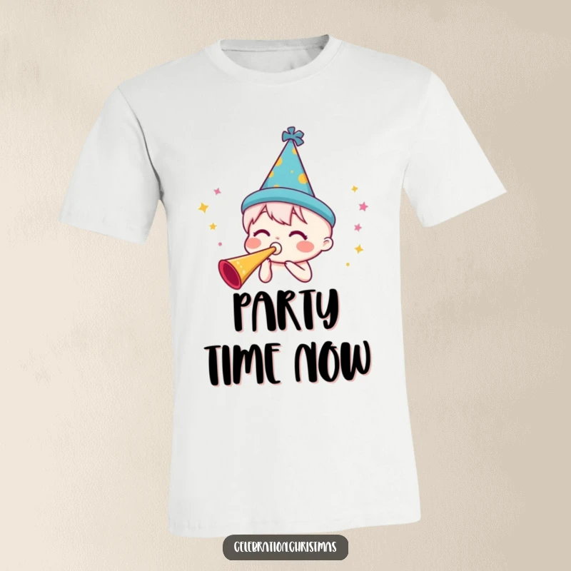 Funny party horn t-shirt with a character wearing a festive hat and blowing a horn, ideal for spreading cheer and good vibes.
