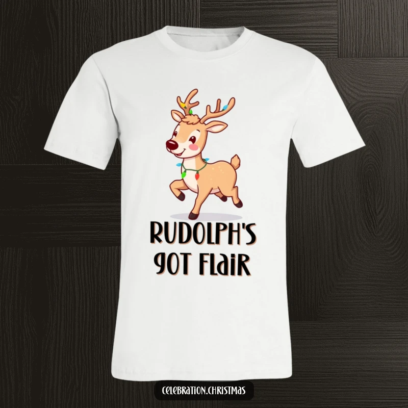 Funny reindeer t-shirt featuring a smiling, prancing character with a light garland, perfect for holiday fun.