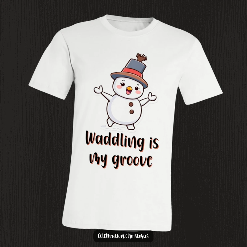 Funny Snowman T-Shirt featuring a waddling snowman with a tilted hat, exuding playful winter delight.