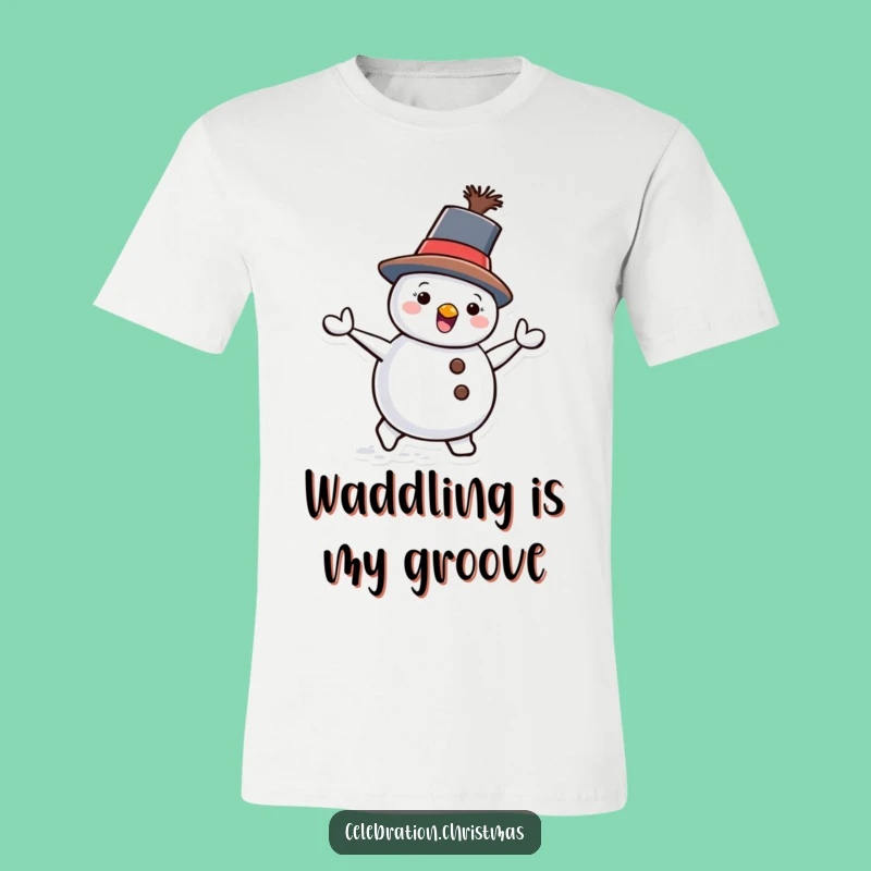 Funny Snowman Waddling T-Shirt - Charming Tilted Hat Character Humorous Apparel