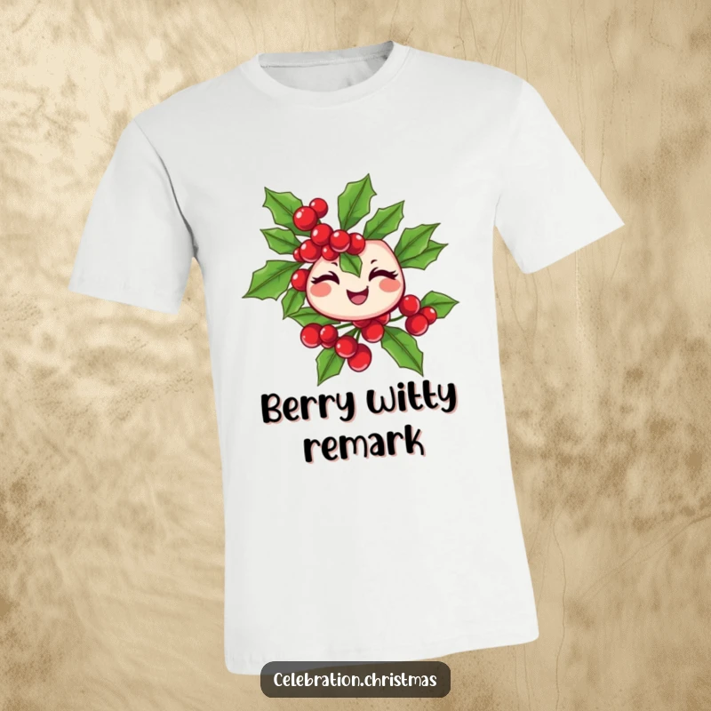 Funny winking holly branch t-shirt with cheerful berries, ideal for holiday parties and as a funny gift.