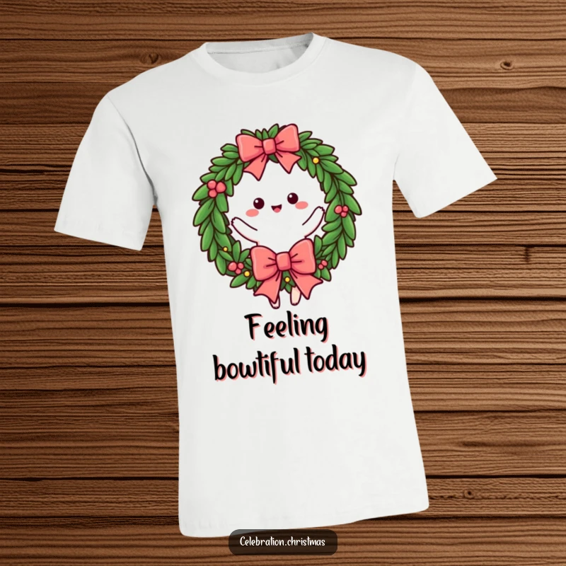 Funny t-shirt with a wreath character doing a cheerful twirl, adorned with a large bow, embodying holiday spirit, funny gift.