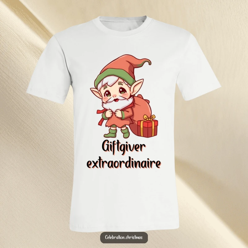 Funny Jolly Elf T-Shirt: A happy elf with pointed ears, carrying a sack full of gifts, embodying humorous holiday cheer.