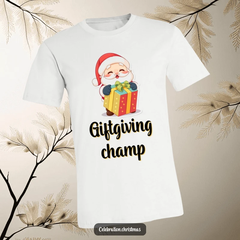 Funny t-shirt showcasing a cute Santa Claus character delightedly unwrapping a brightly colored present with great excitement.
