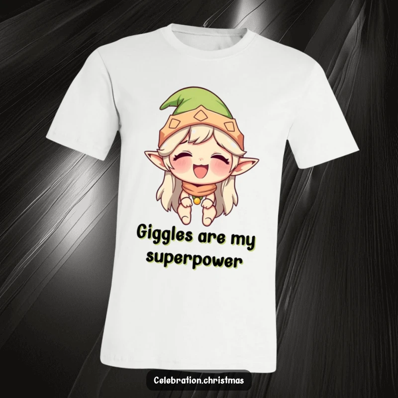Funny t-shirt featuring a character in an elf hat, laughing hysterically, perfect for spreading holiday cheer and lighthearted fun.