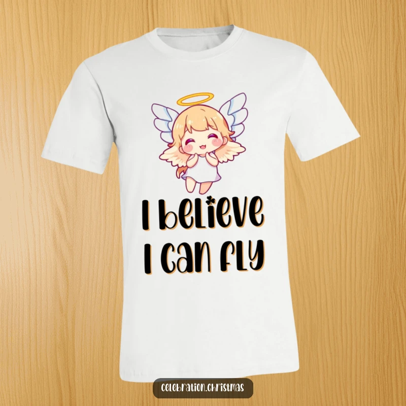 Funny t-shirt with an angel character joyfully flapping its white wings, depicting pure bliss and heavenly delight, a funny gift.