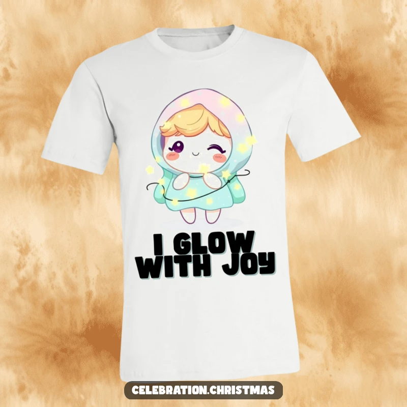 Funny Kawaii Character T-Shirt: A cute character beams with delight, cozily wrapped in a magical blanket of fairy lights.