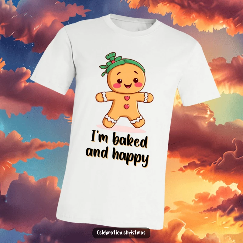 Funny t-shirt with a gingerbread person character joyfully doing a merry jig, perfect for spreading holiday cheer.