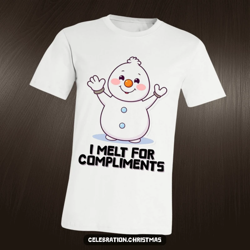 Funny snowman t-shirt with a carrot nose, enthusiastically waving hello, perfect for spreading winter cheer and holiday joy.