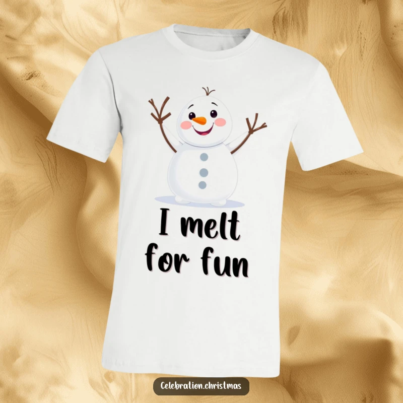 Funny snowman t-shirt with a happy character enthusiastically waving, perfect for spreading winter humor and smiles.