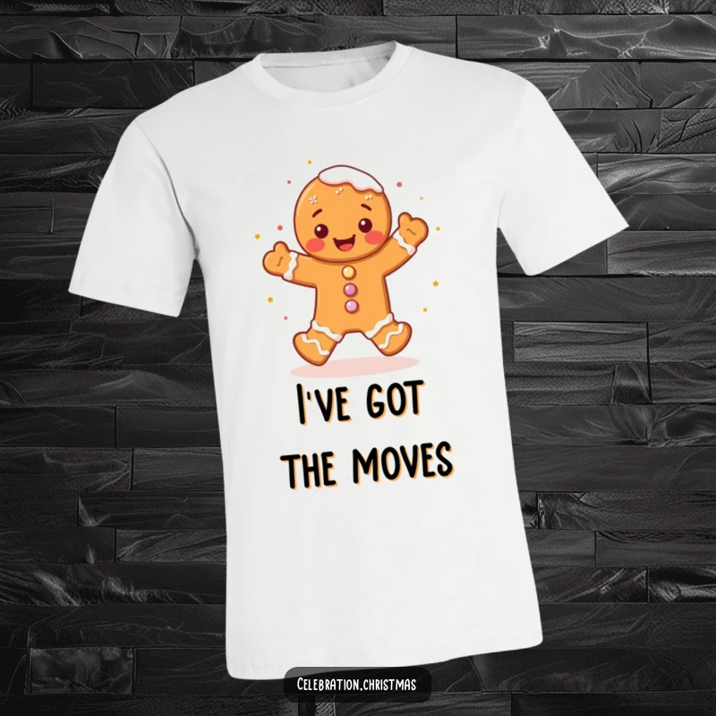 Funny gingerbread man t-shirt dancing with frosting sprinkles, a joyful jig celebrating the holidays, ideal funny Christmas gift for all.