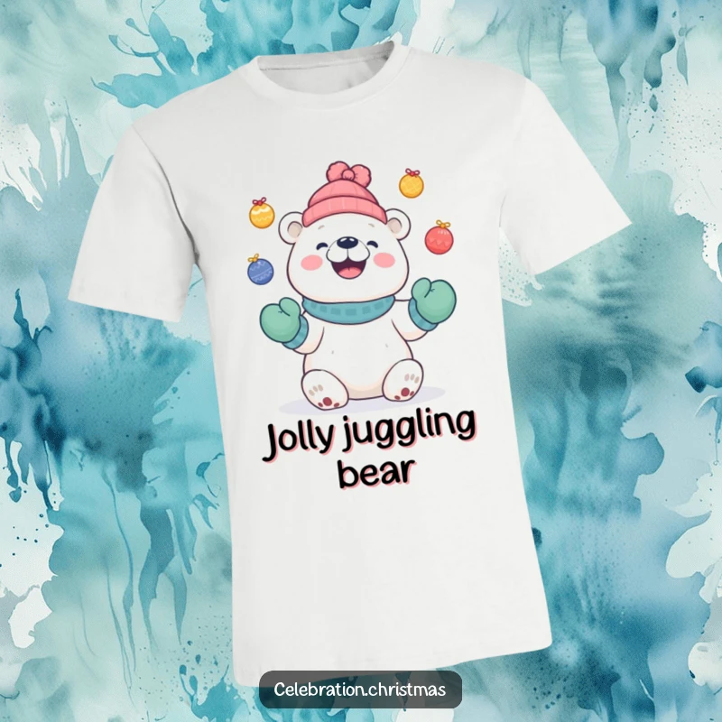 Funny Cute polar bear t-shirt featuring a bear in mittens juggling colourful baubles with a delighted grin.