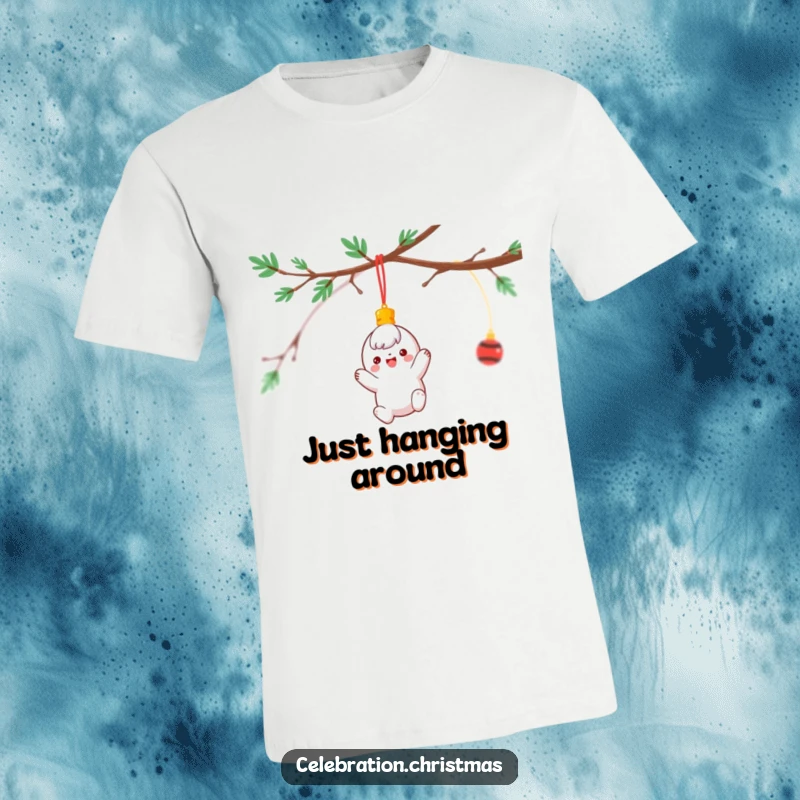 Funny T-Shirt showcasing a cheerful ornament character joyfully dangling and spinning from a festive branch, ideal holiday attire.