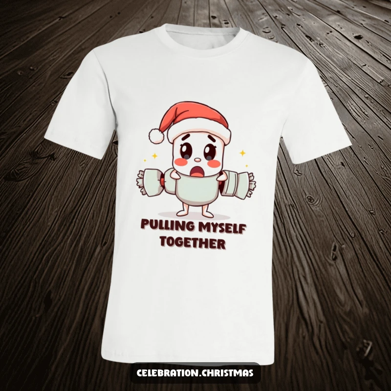 Funny t-shirt depicting a Christmas cracker character in a comical pose of pulling itself apart with surprise.