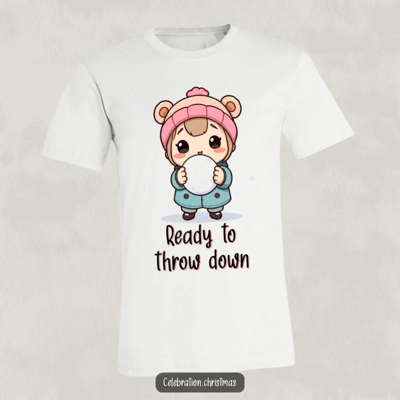 Funny graphic t-shirt depicting a character holding a snowball, aiming to throw it playfully, perfect for winter enthusiasts and fun lovers.