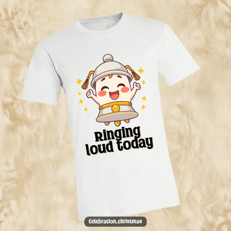 Funny Bell T-Shirt depicting a character ringing with enthusiastic merriment, conveying playful energy and joy.