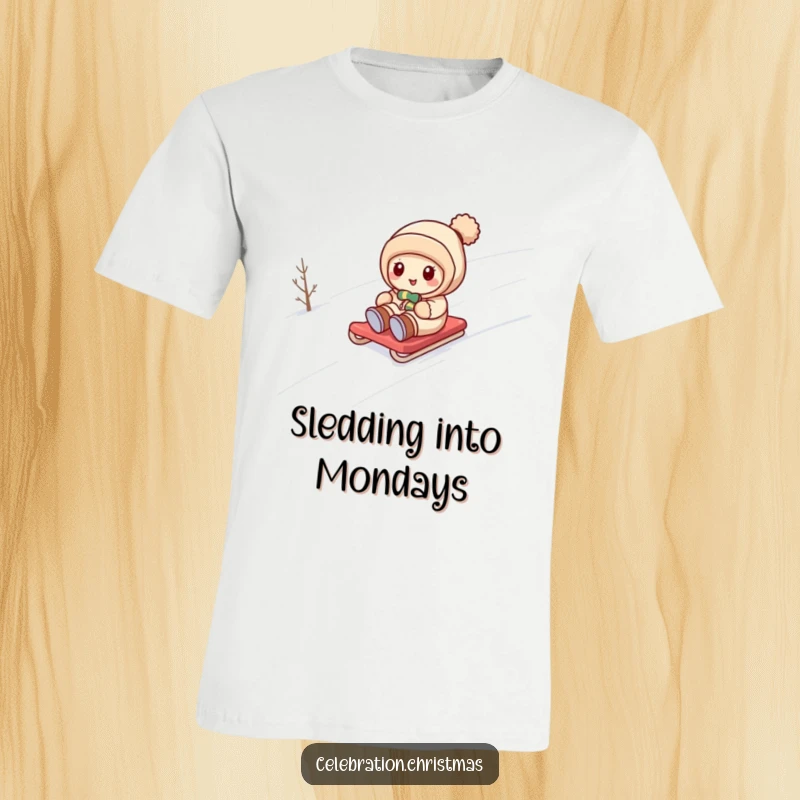Funny kawaii character gleefully sledding down a snow-covered hill, printed on a comfortable and funny t-shirt.