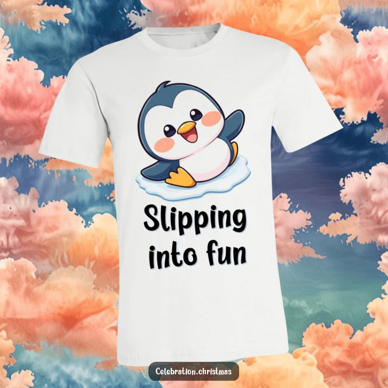 Funny, happy kawaii penguin slipping and sliding on ice with a big grin on a t-shirt.
