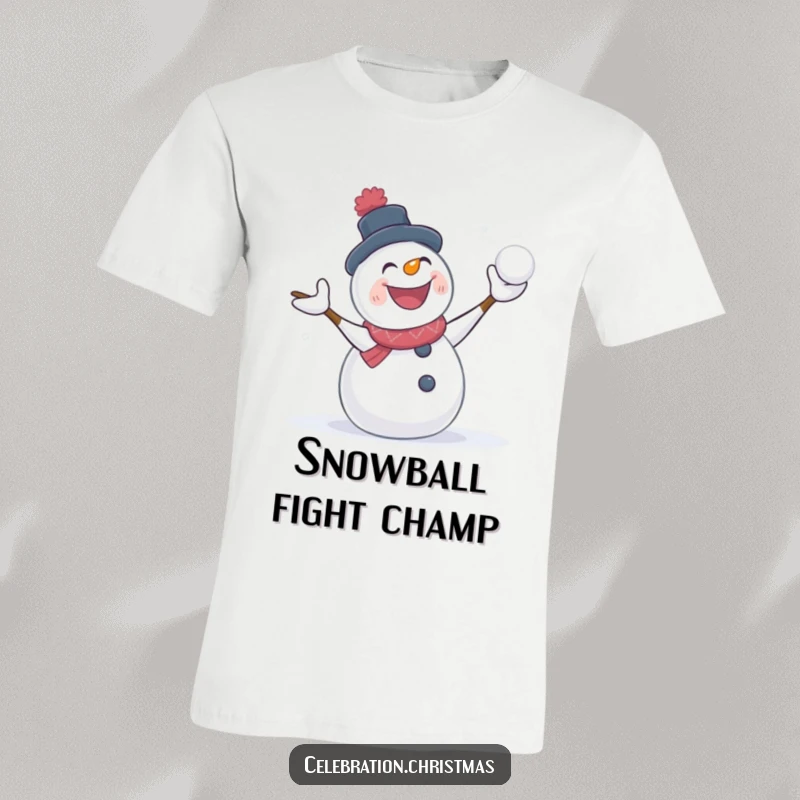 Funny snowman t-shirt showing a character in a gleeful snowball fight, ideal for winter celebrations and bringing smiles.