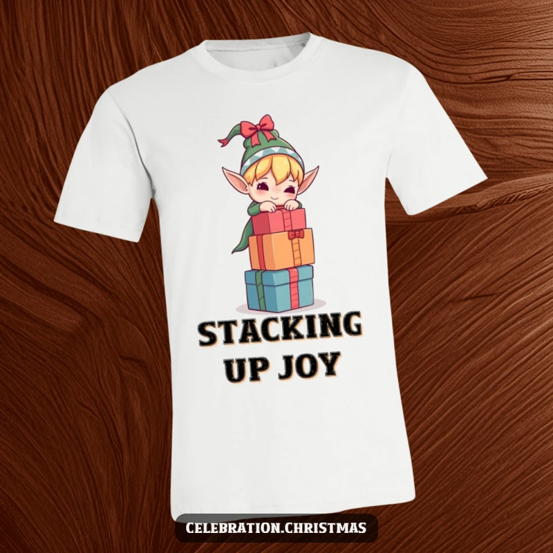 Funny elf t-shirt depicting a character attempting to balance a towering stack of gifts, ideal for holiday humor and relatable struggles.