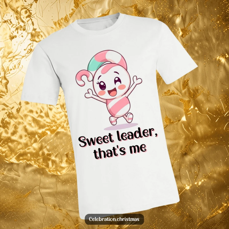 Funny Candy Cane T-Shirt: A sweet candy cane character excitedly leading the way, perfect for holiday events.