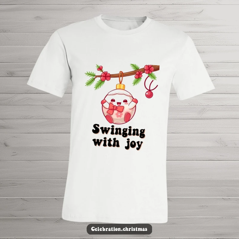 Funny kawaii Christmas ornament t-shirt showing a gleeful character swinging, perfect for spreading holiday cheer.